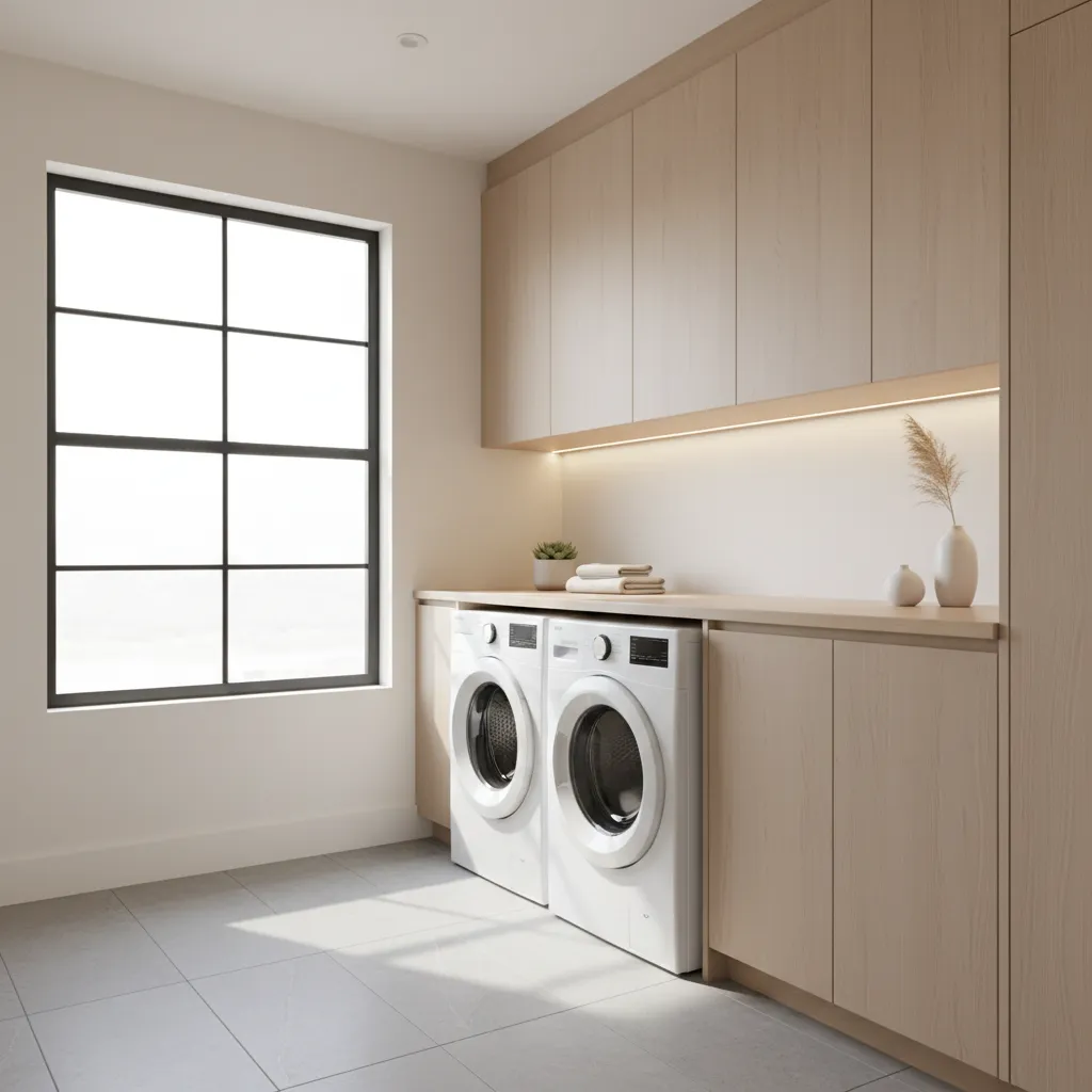 Bright laundry room interior with natural light from exterior window