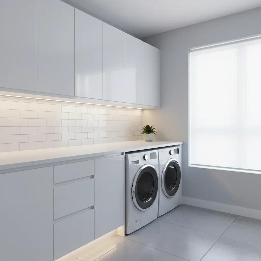 Bright laundry room with glossy cabinets and reflective surfaces enhancing lighting