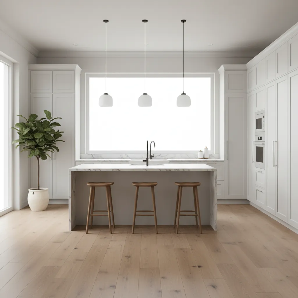 Bright modern kitchen with light oak flooring and white cabinets