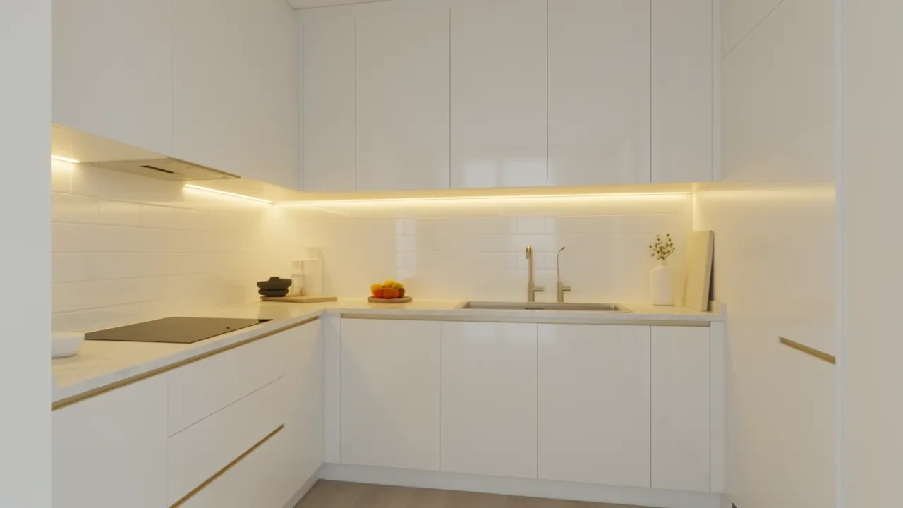bright lighting and reflective surfaces in a compact kitchen