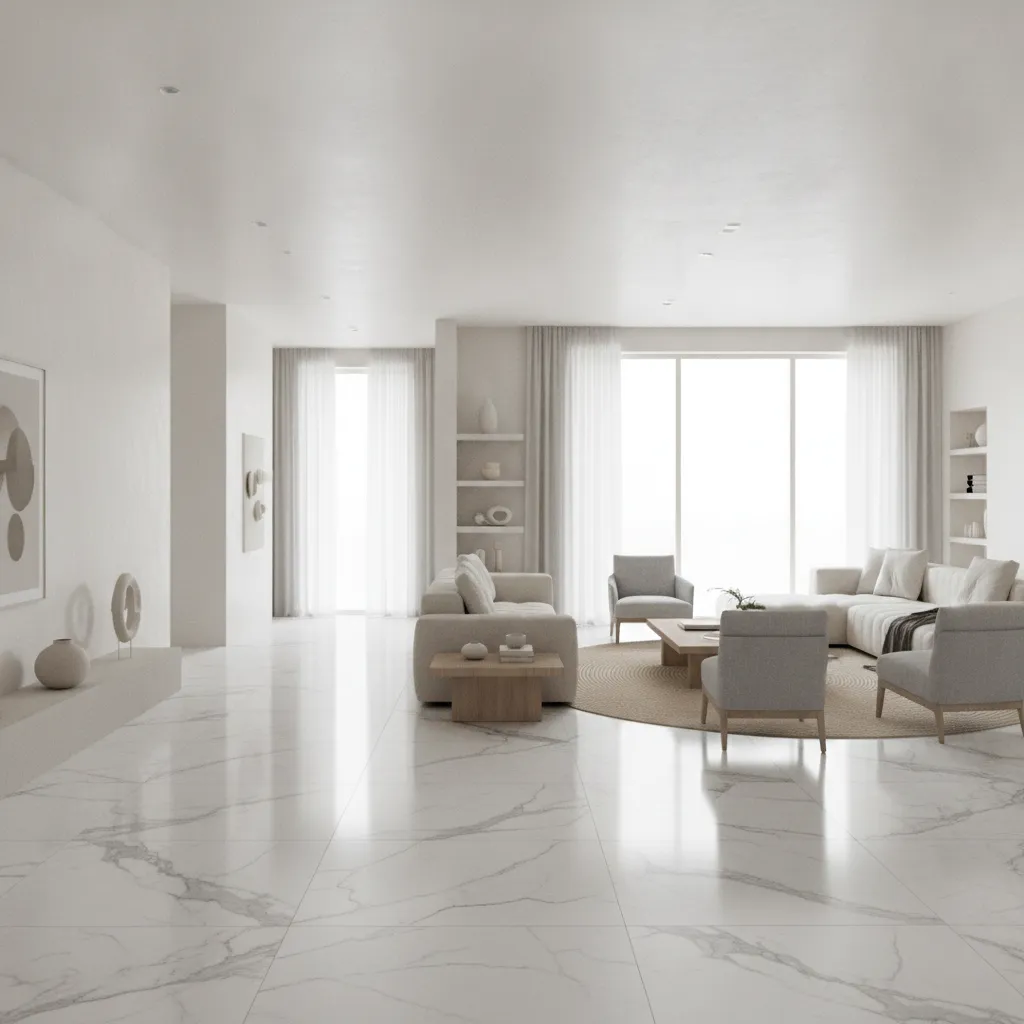 bright modern living hall with marble look floor tiles