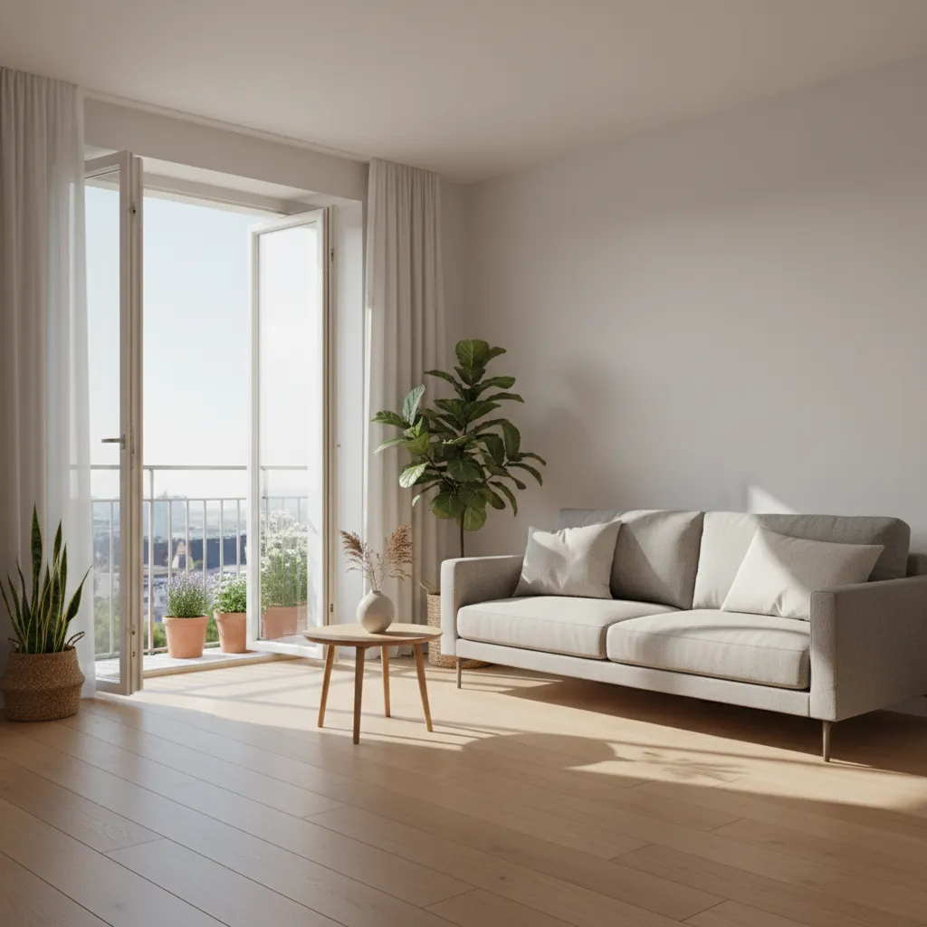 Bright modern living room with open balcony doors and natural sunlight