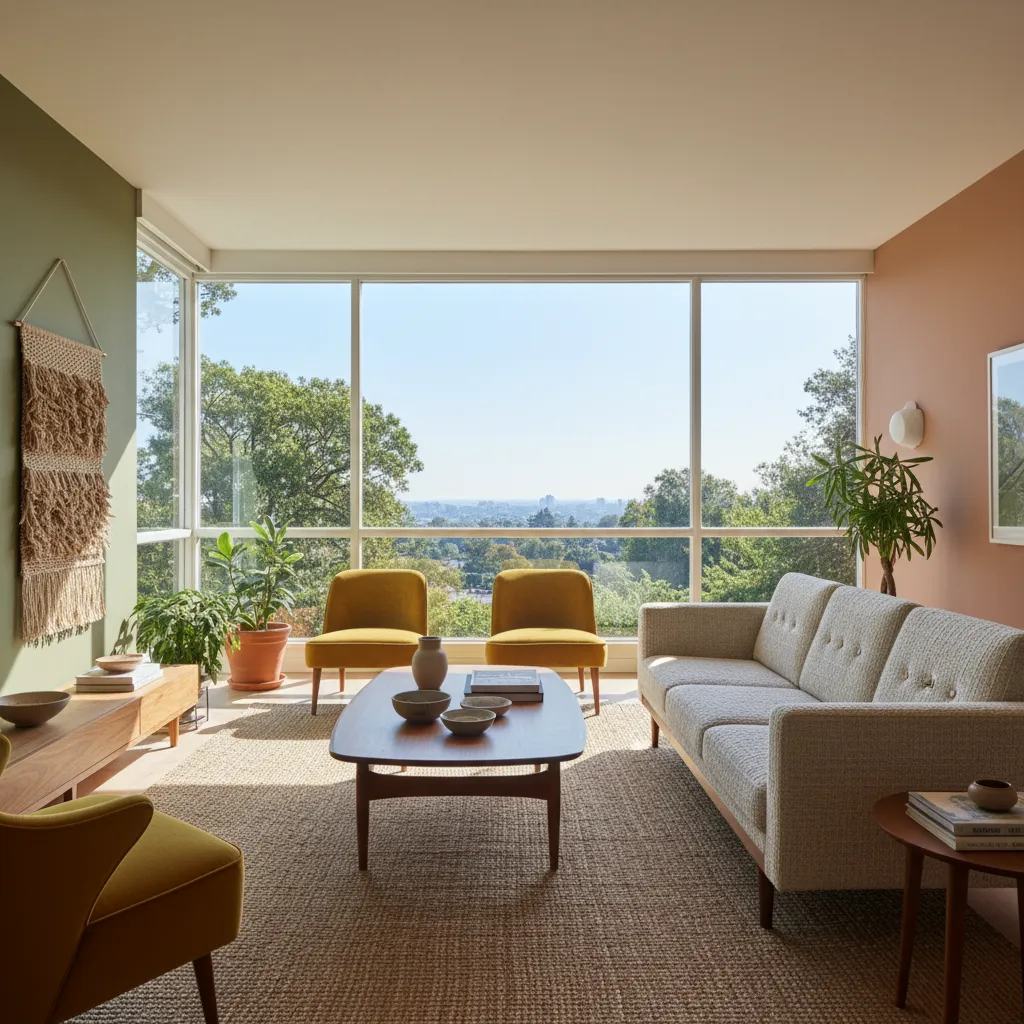 Bright mid century living room with muted olive and clay wall colors