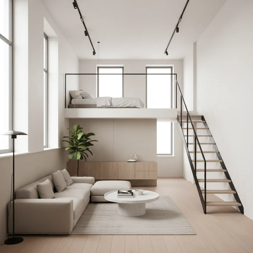 Bright small loft interior with neutral colors and layered lighting creating spacious feel