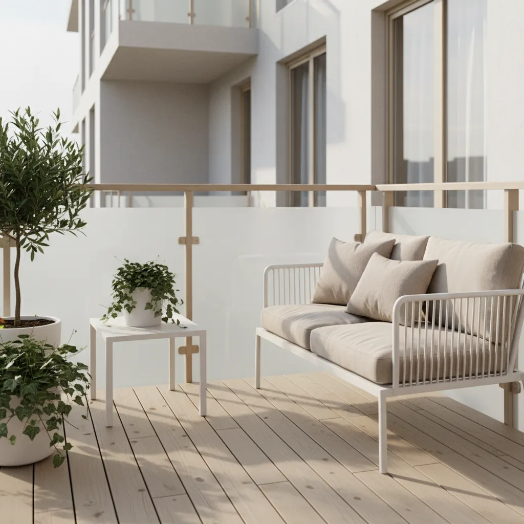 Bright minimalist balcony with light colors making space look larger