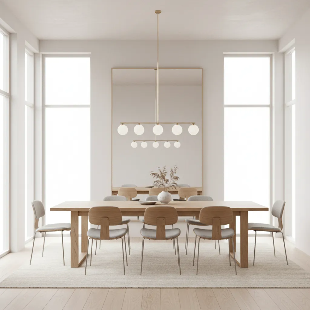 Bright dining room interior with modern wall mirror reflecting natural light