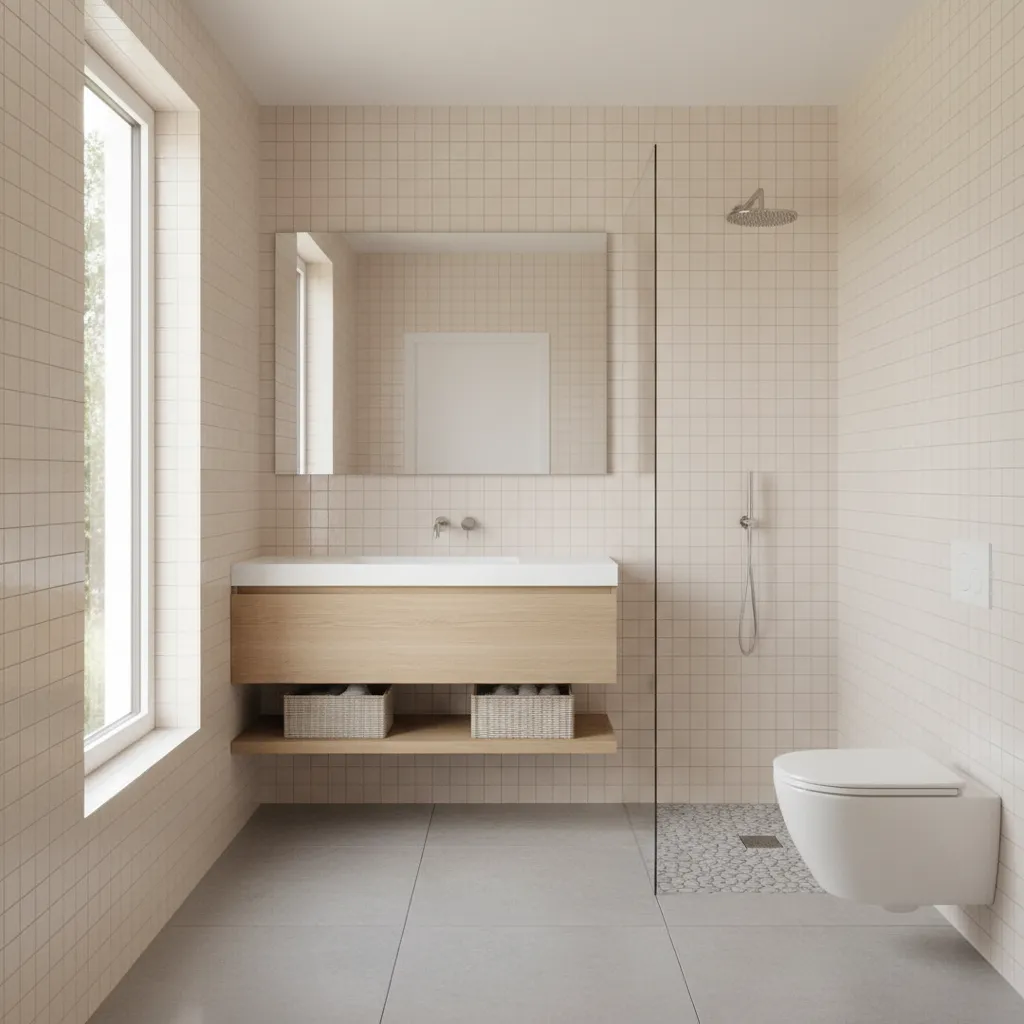 Bright bathroom with warm white wall tiles and natural light