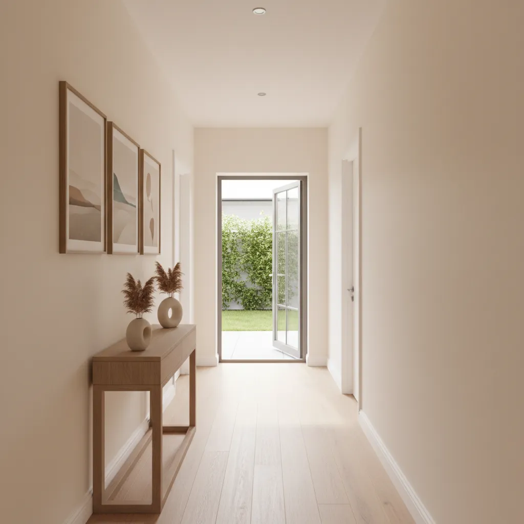 bright hallway with warm neutral paint and natural light