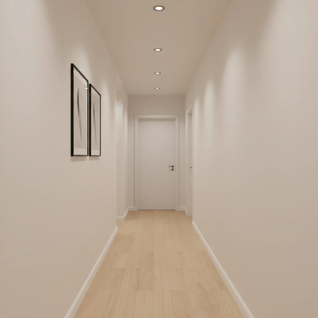 bright hallway with warm white walls and wood floor