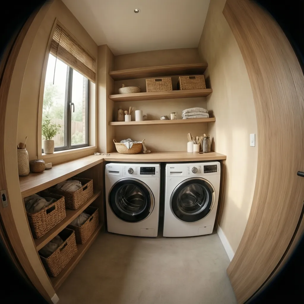 bright neutral laundry room with white appliances and beige walls