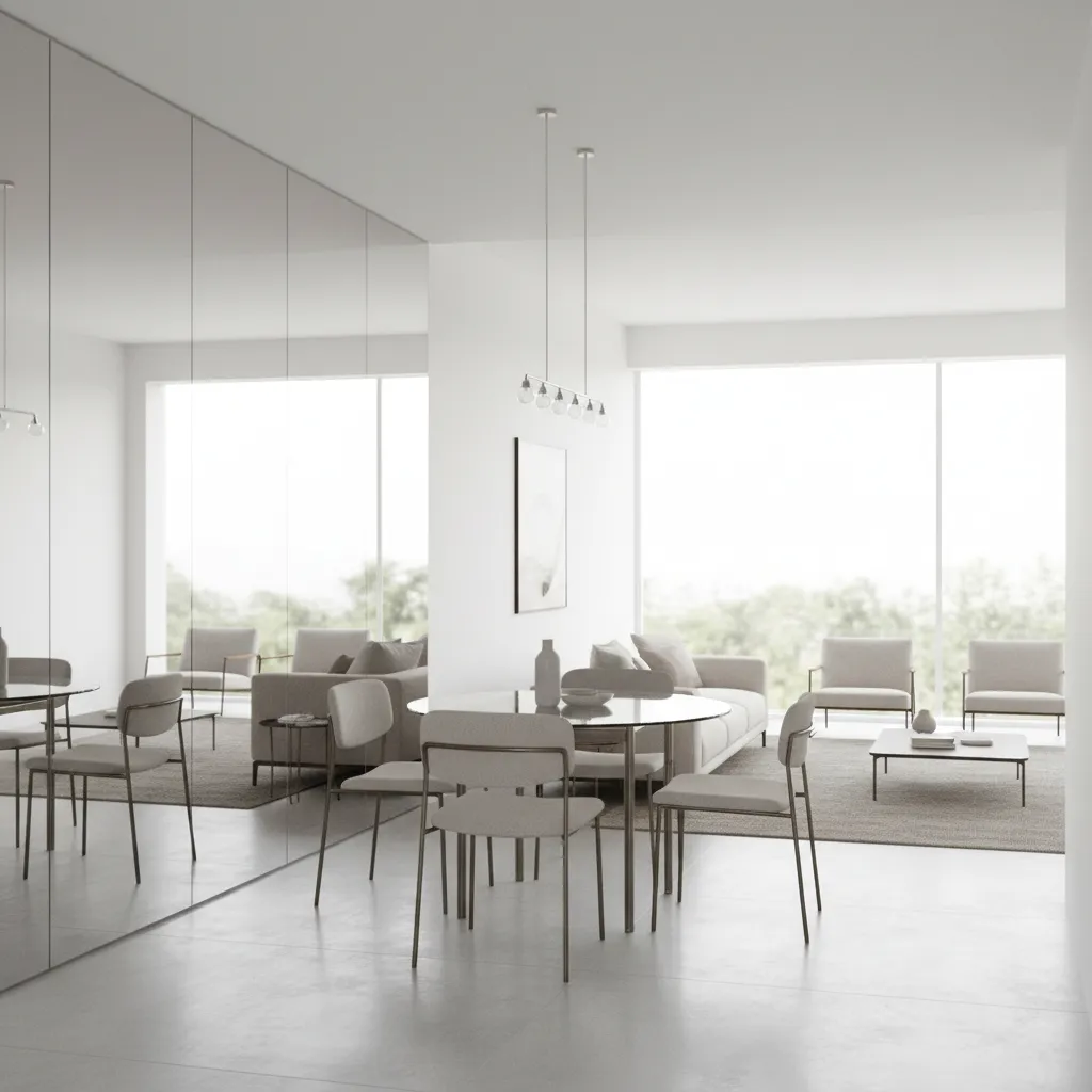 Bright living dining room with mirrors and light colors to make space appear larger