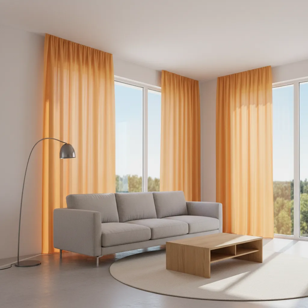 Bright orange curtains illuminated by strong sunlight in a modern living room