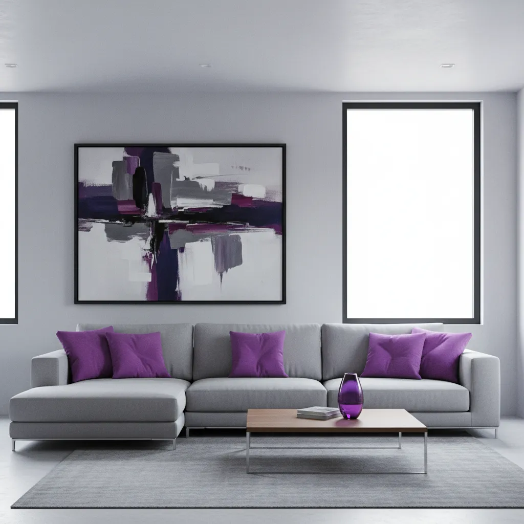 Modern grey living room with bright purple decorative accents