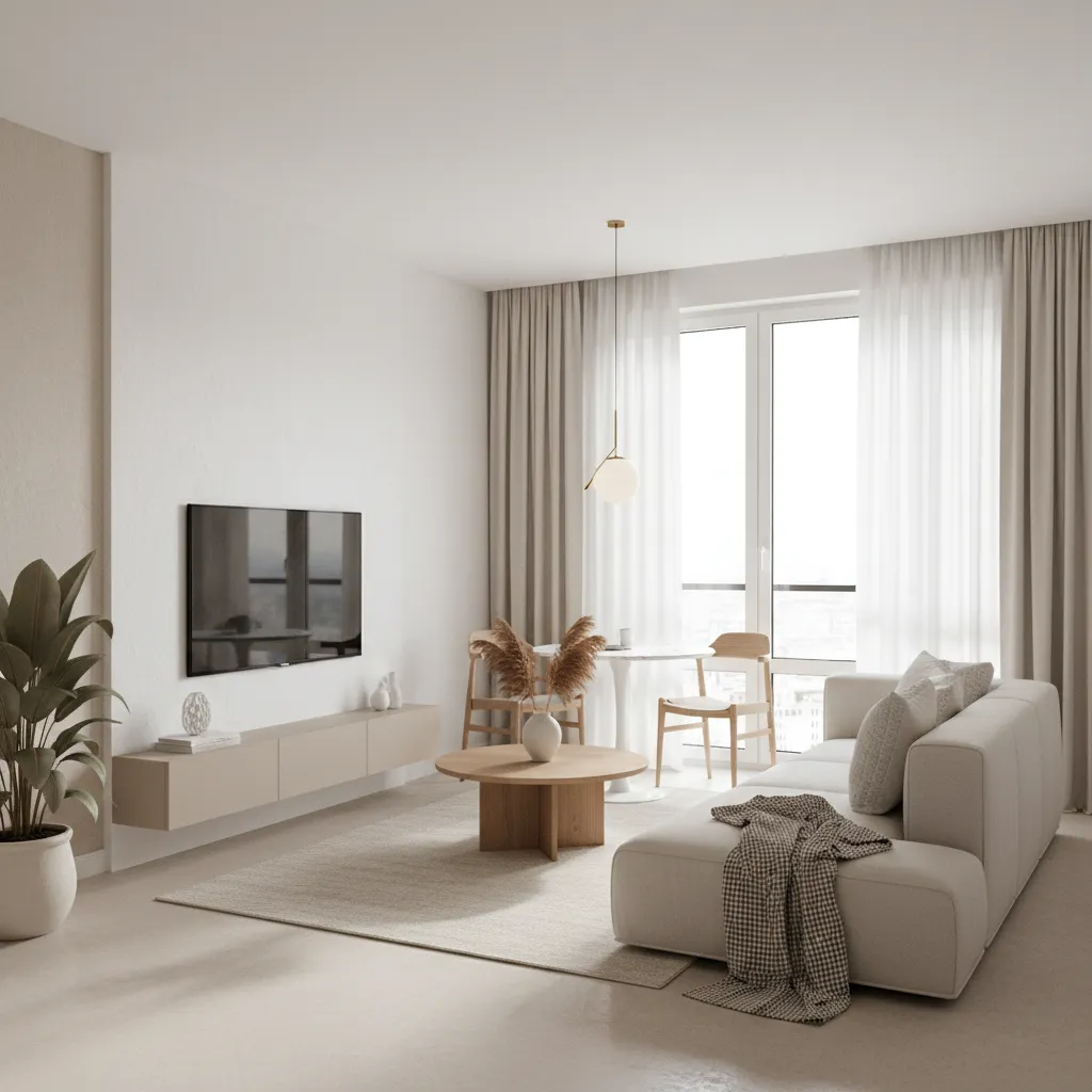 bright neutral interior design in a compact 1 BHK apartment