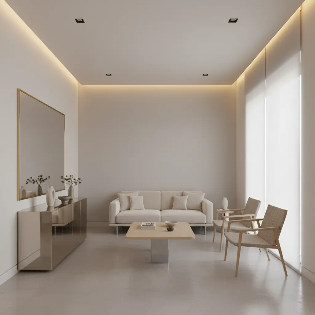 bright small apartment interior with neutral colors and layered lighting