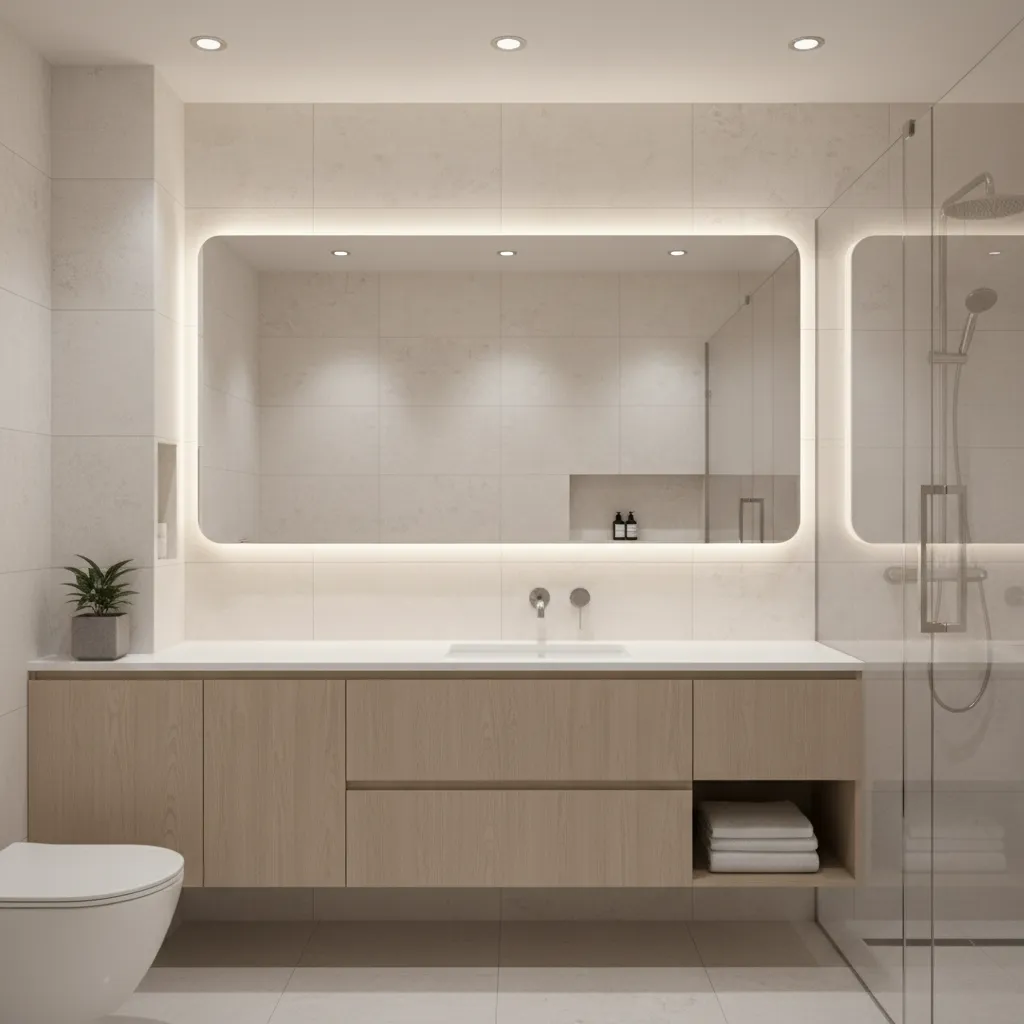 small bathroom with large mirror and bright lighting making space look bigger