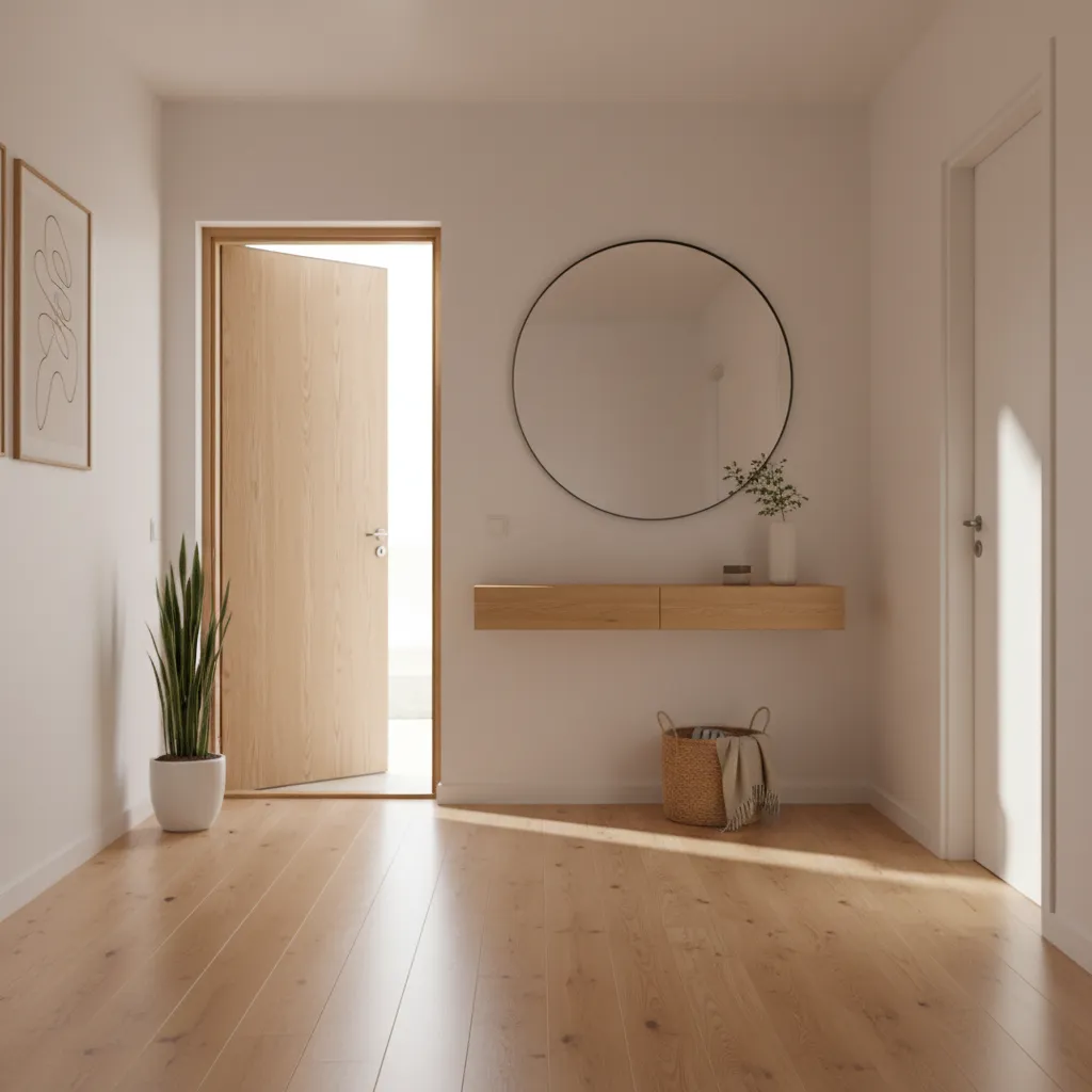 small apartment hallway with warm white walls and natural light