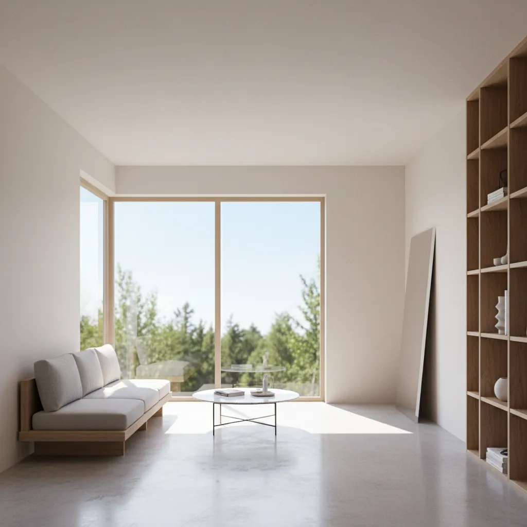 Minimalist living room with grey sofa, round coffee table, wooden bookshelf, large windows and trees