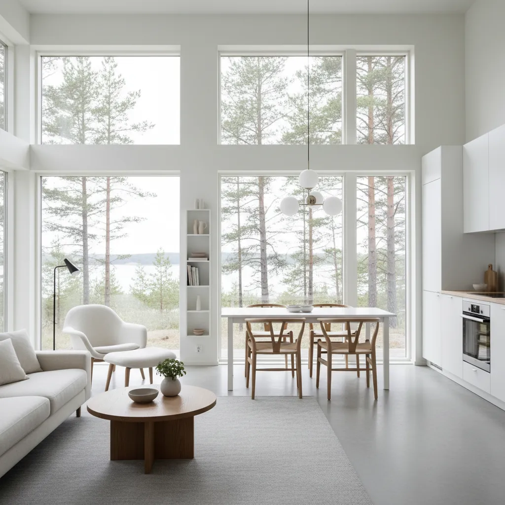 Interior luminoso de una casa pequeña con colores claros