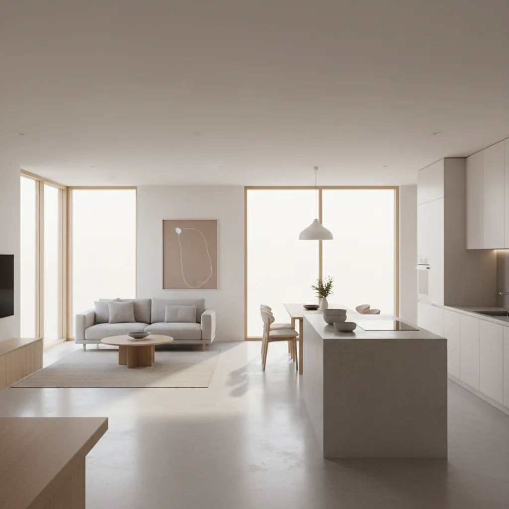 Minimalist bright living room and kitchen area with grey sofa, wooden table, island and windows