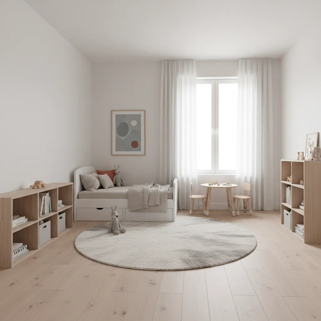 bright small children's bedroom with neutral colors and open floor space