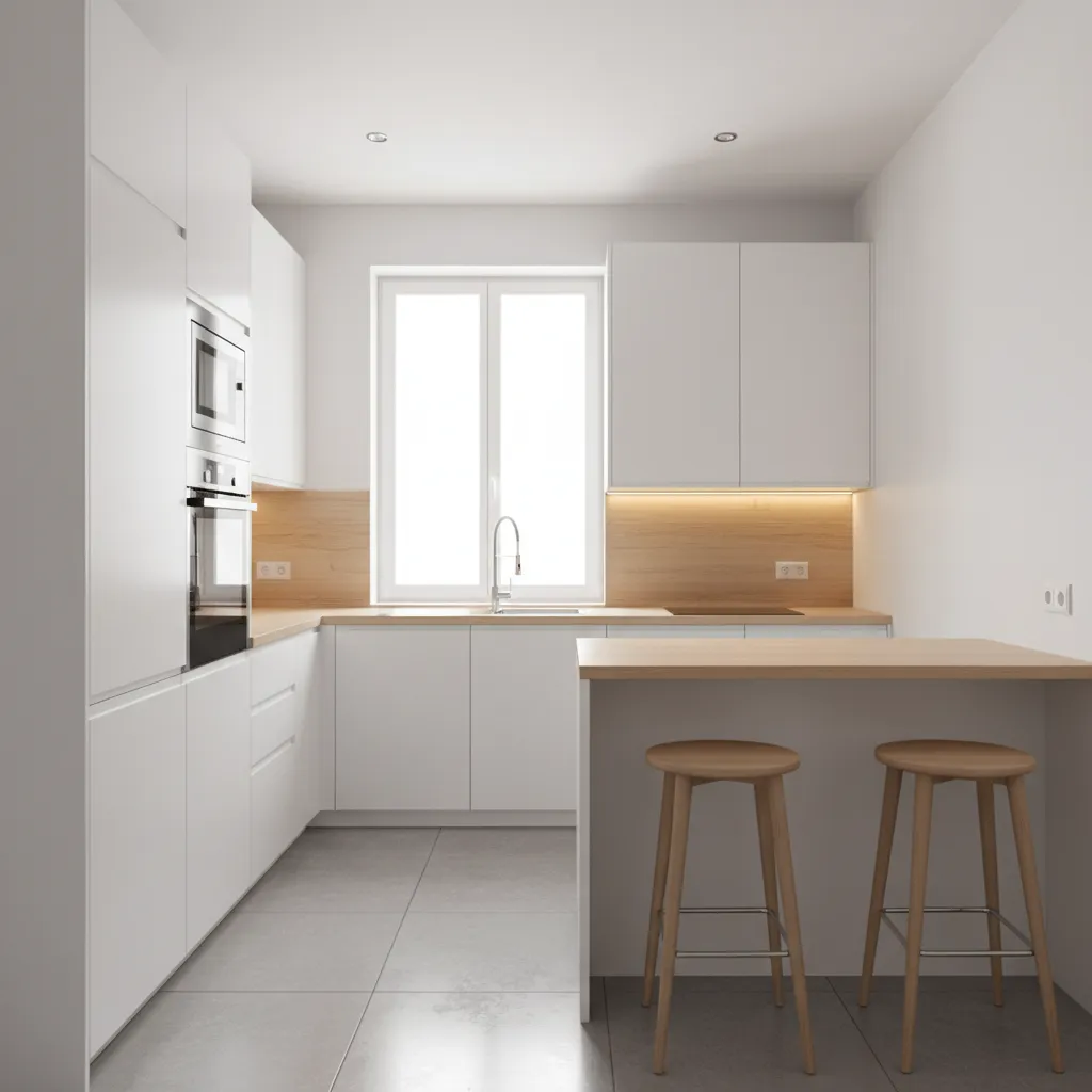 Bright white kitchen design with wooden countertops, two wooden bar stools, and a large window