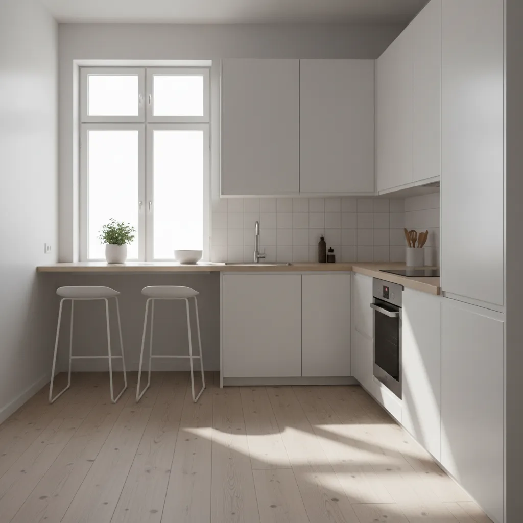 Bright compact kitchen with white cabinets and natural light