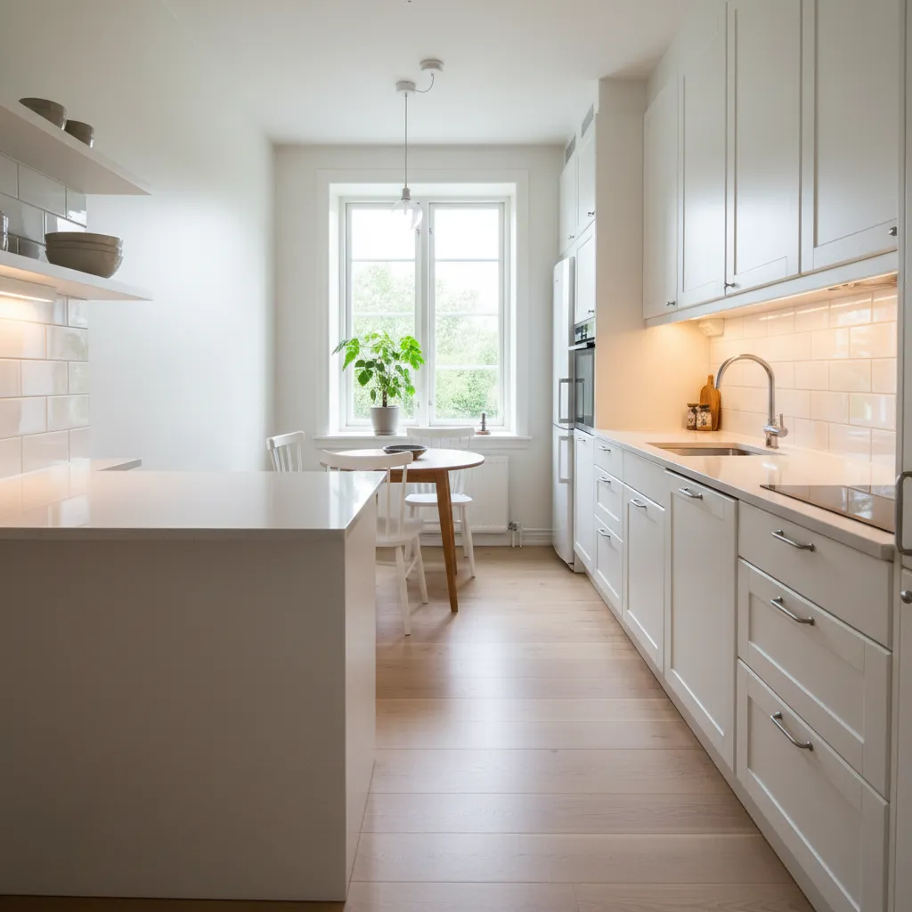Bright small kitchen with light colors and reflective surfaces