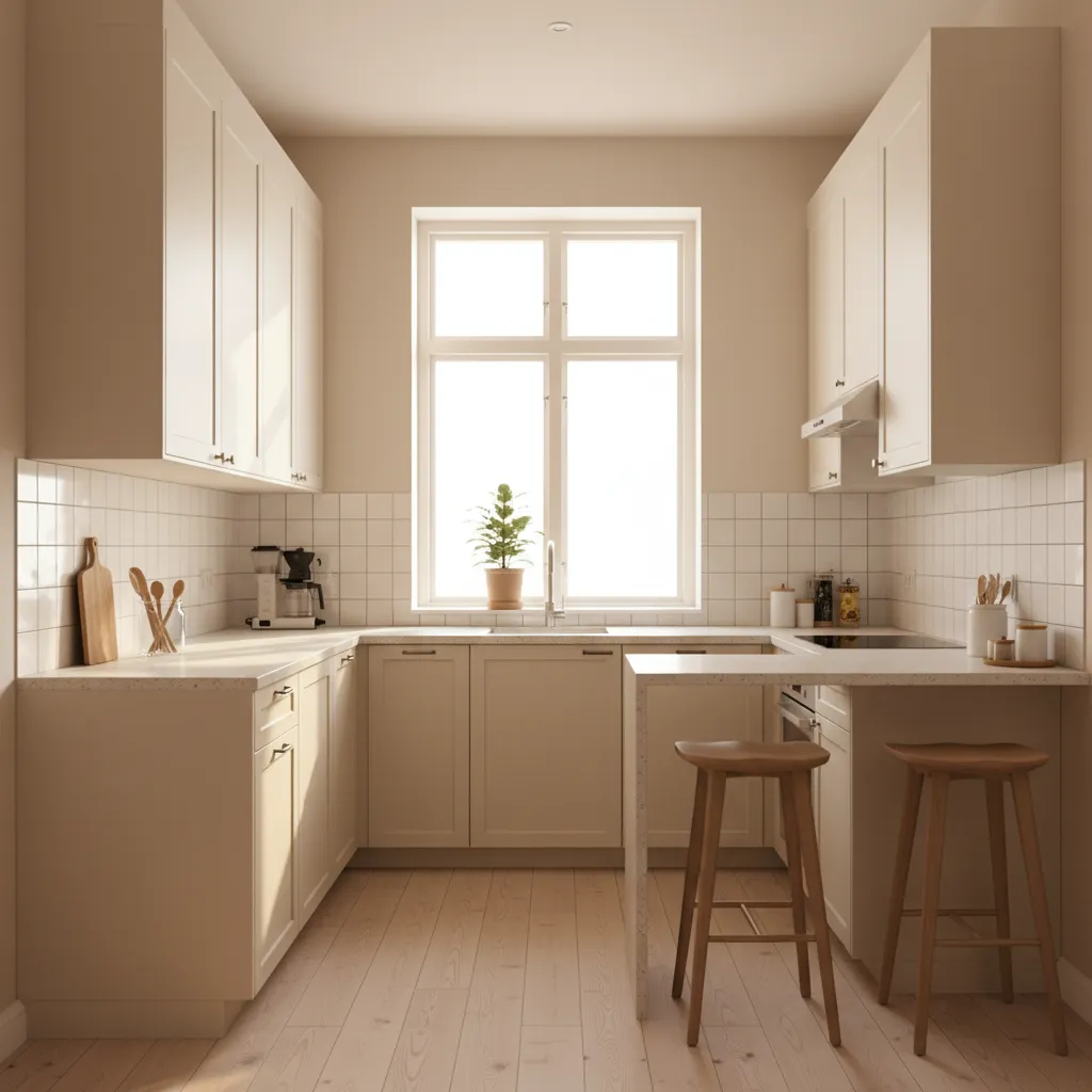 Small kitchen with light color palette and bright natural lighting