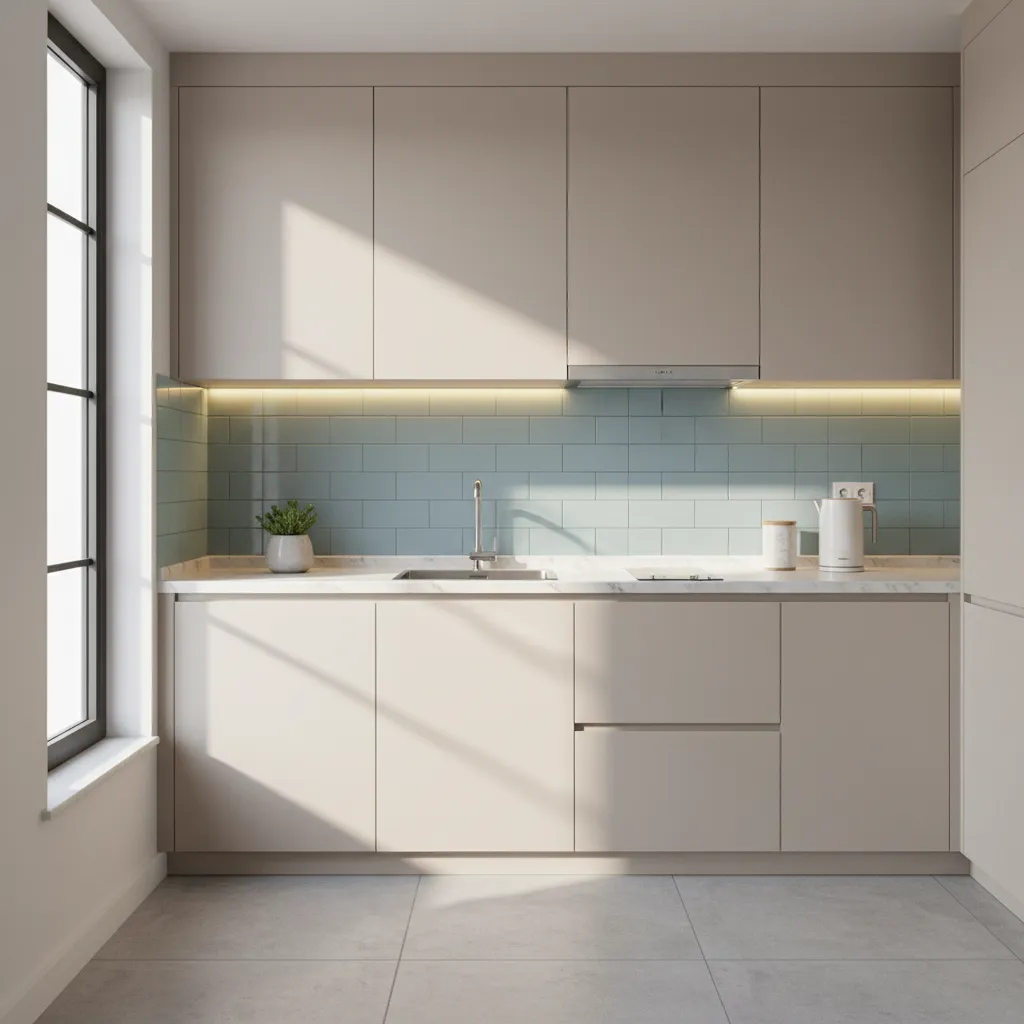 Small modern kitchen with tan cabinets light blue tile backsplash side window and natural sunlight