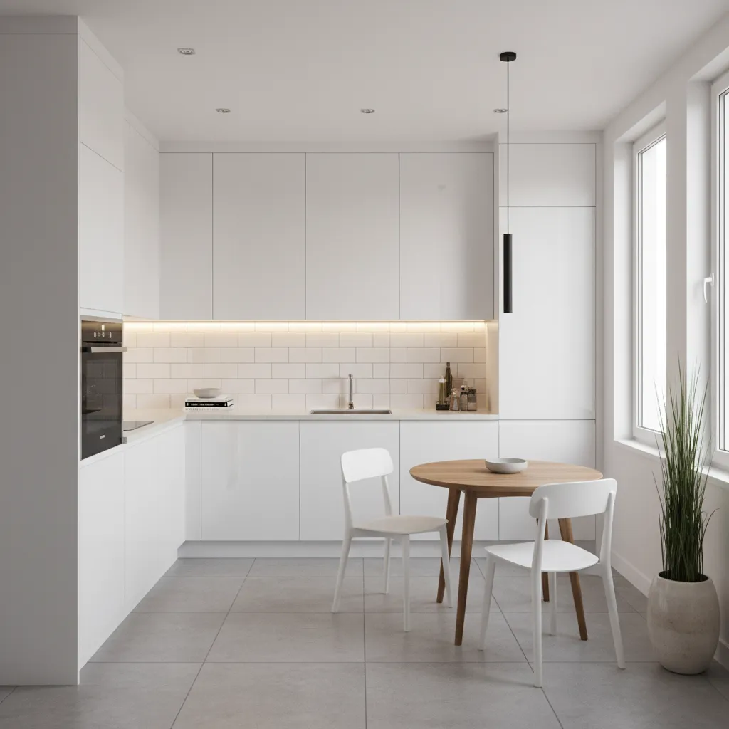bright small kitchen with light cabinets reflective surfaces and under cabinet lighting