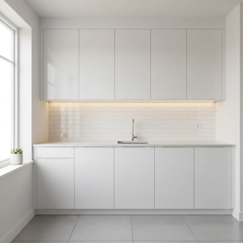 bright small kitchen with under cabinet lighting and light colors