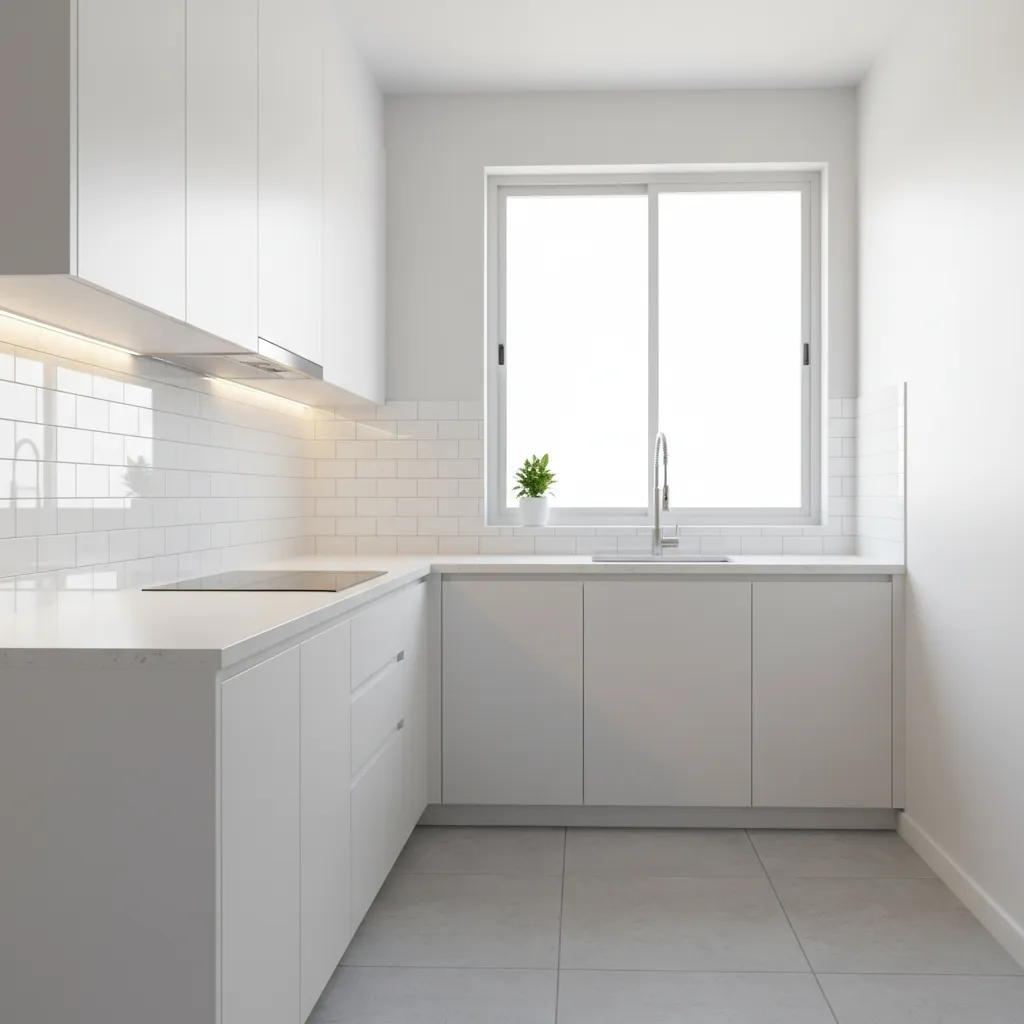 bright small kitchen with under cabinet lighting and light color cabinets