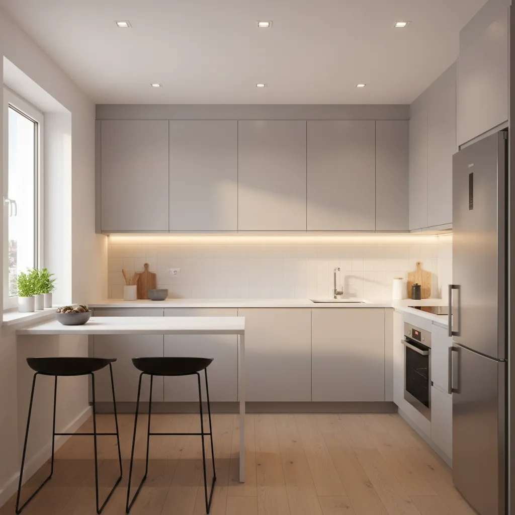 Small kitchen with layered lighting and bright counters