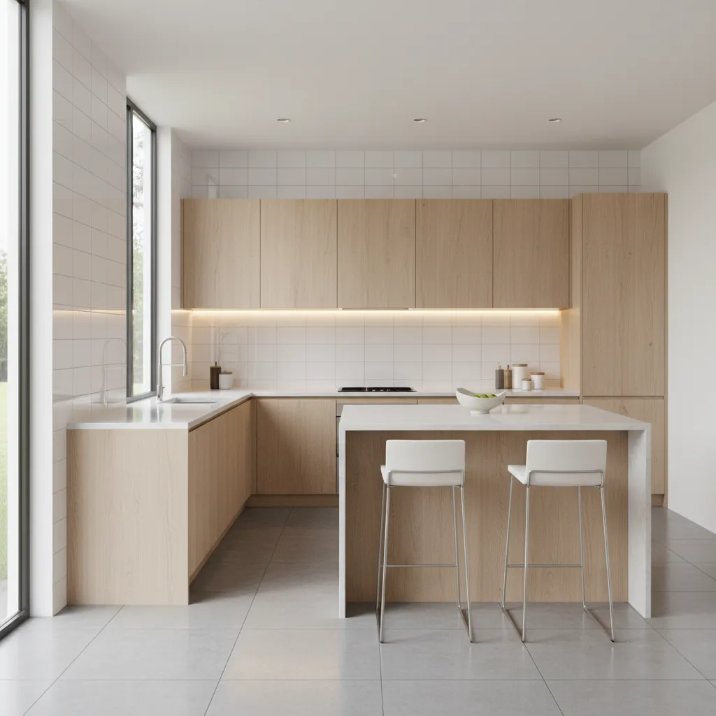 Small kitchen using light colors glossy backsplash and under cabinet lighting