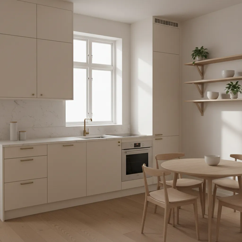 Bright small kitchen with warm white cabinets and natural light