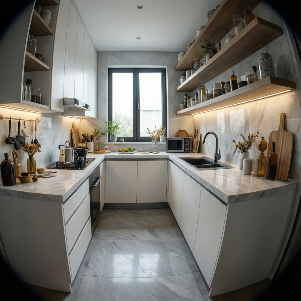 bright small l shaped kitchen with open shelves and lighting