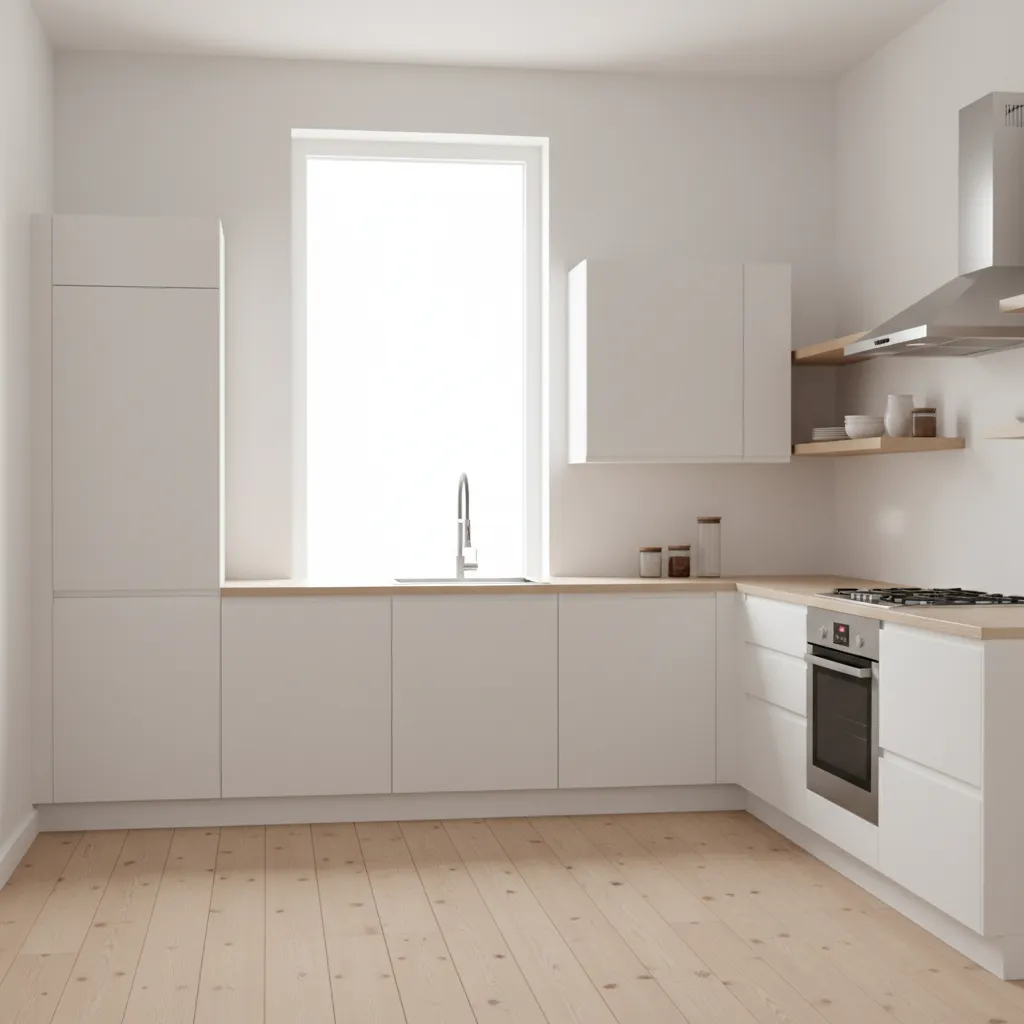 Bright small L shaped kitchen with minimal upper cabinets and corner pantry