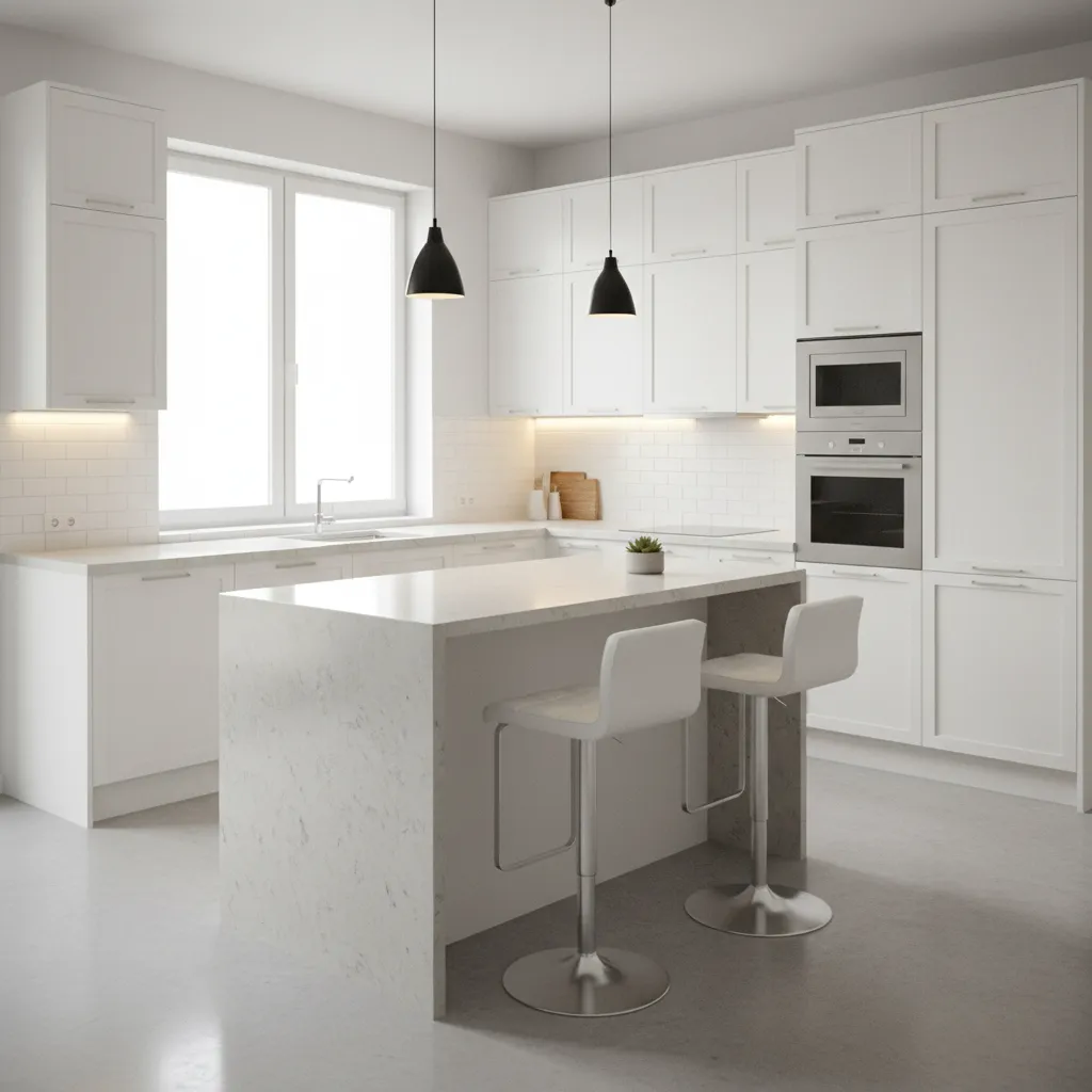 bright small L shaped kitchen with white cabinets and island seating