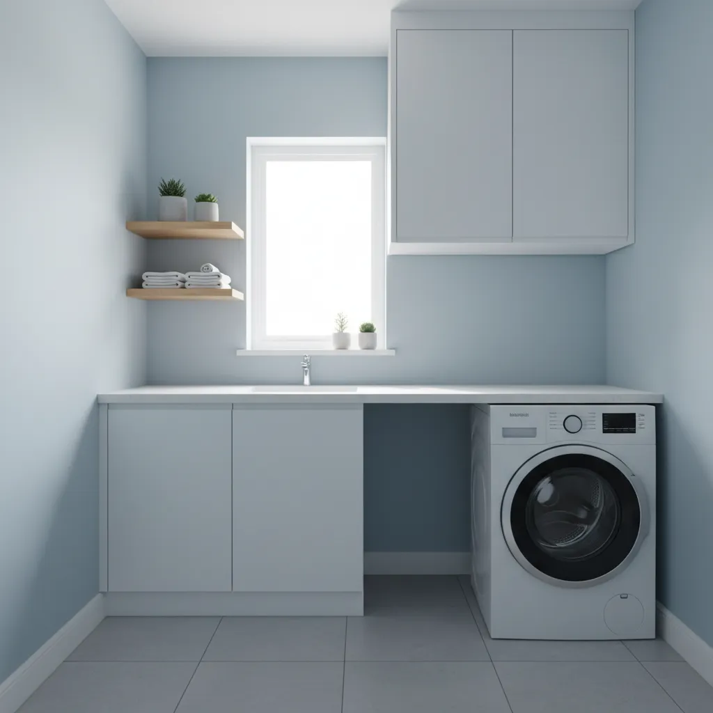Small laundry room with bright white and pale blue walls