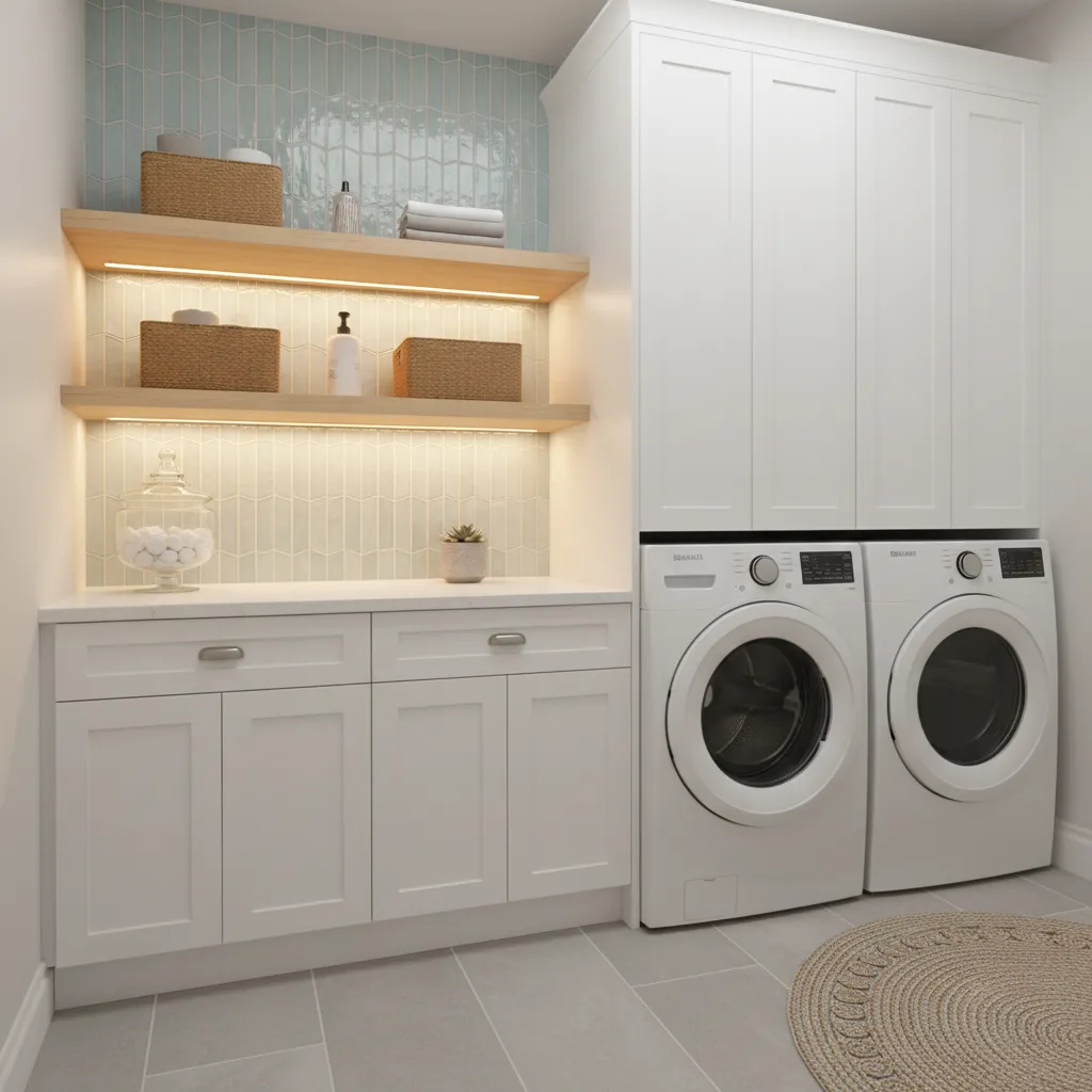 Bright small laundry room with LED lighting and light cabinets