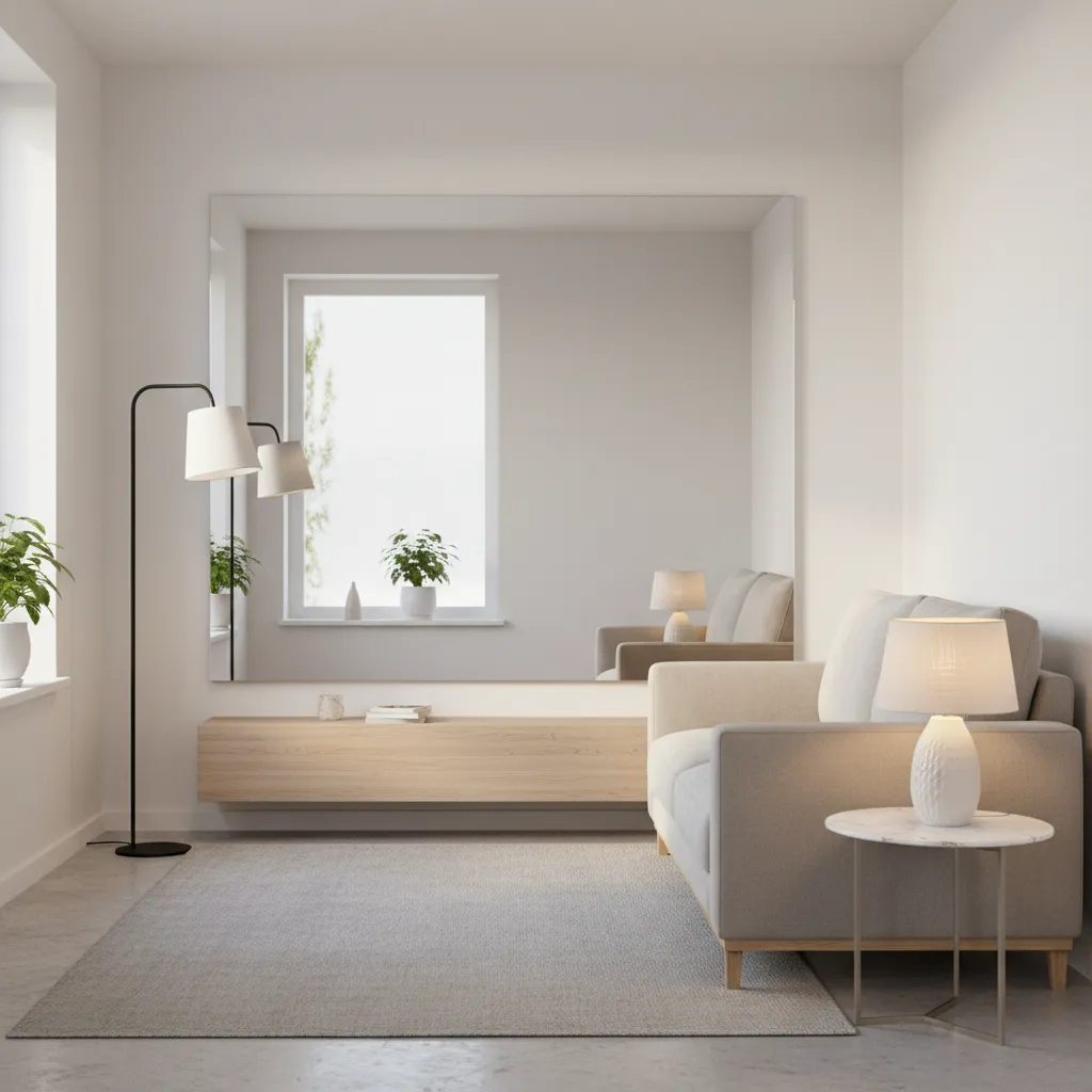 Bright modern small living room with mirror and layered lighting