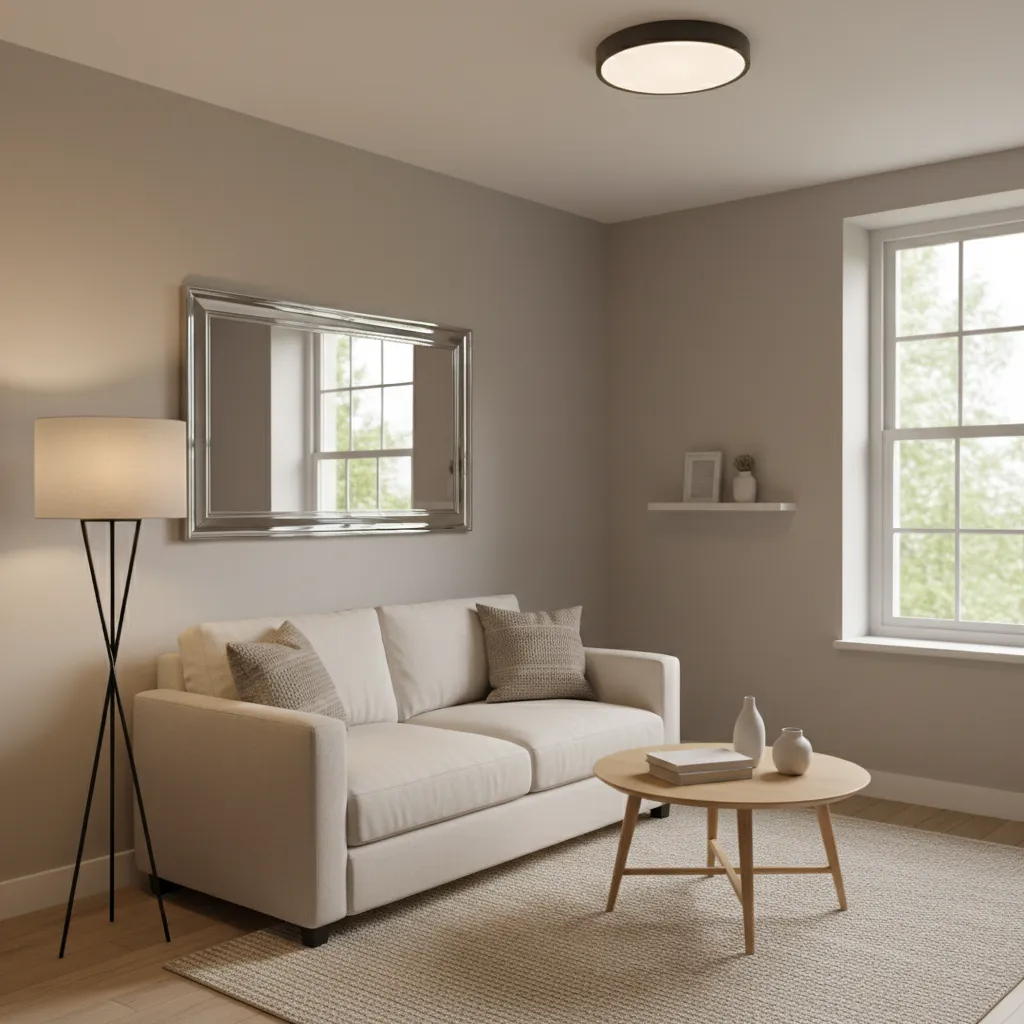 Bright small living room with layered lighting and mirror