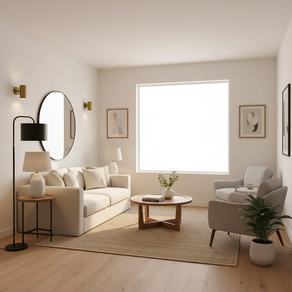 bright small living room with layered lighting and mirror reflecting light