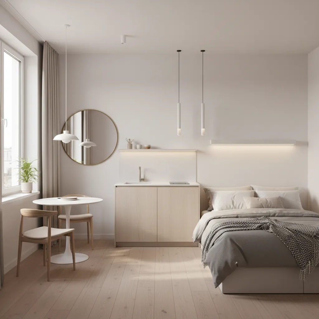 bright small studio apartment interior with layered lighting