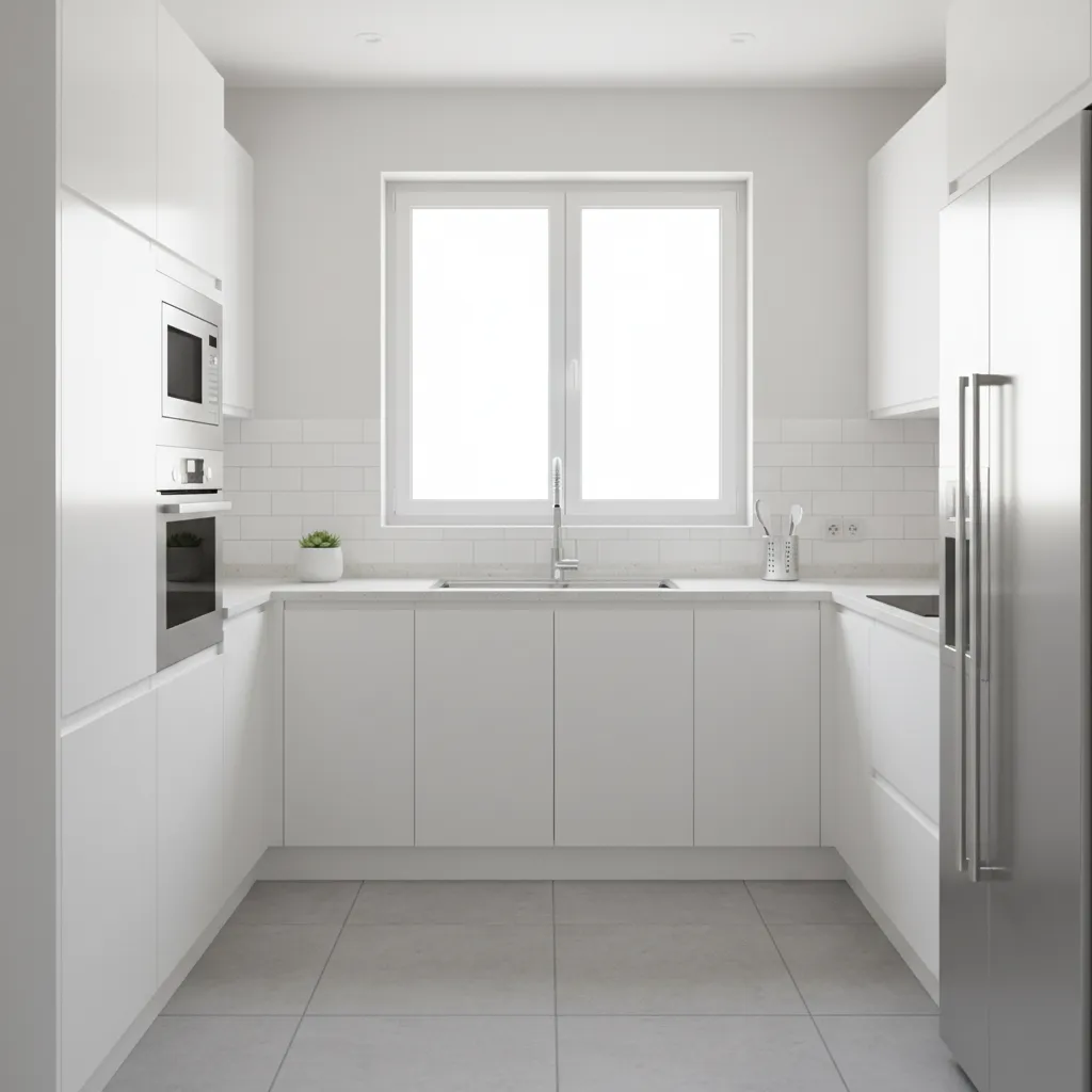 Small U shaped kitchen with white cabinets and window above sink