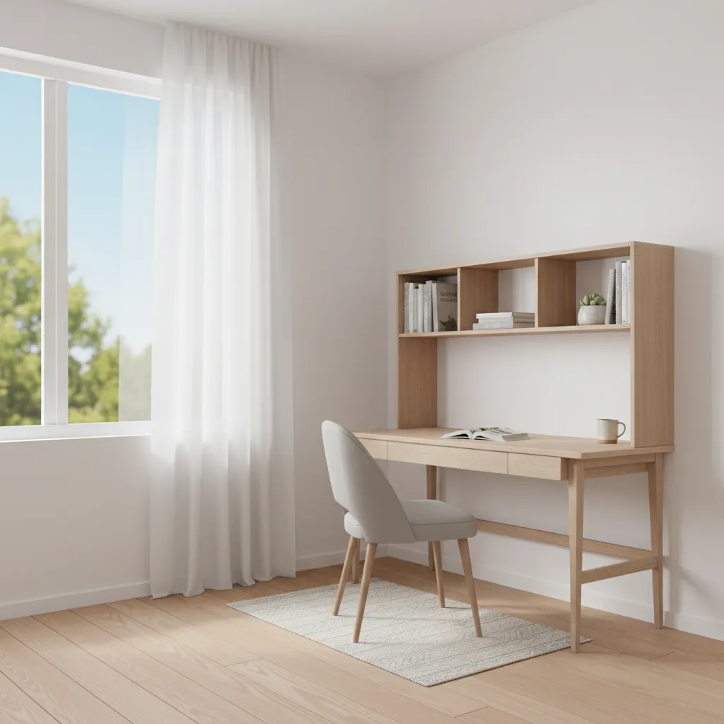 Bright small study room with white walls and natural wood furniture