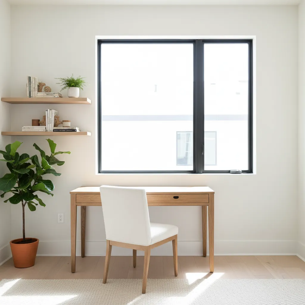 bright home study room with desk near window and built in shelves