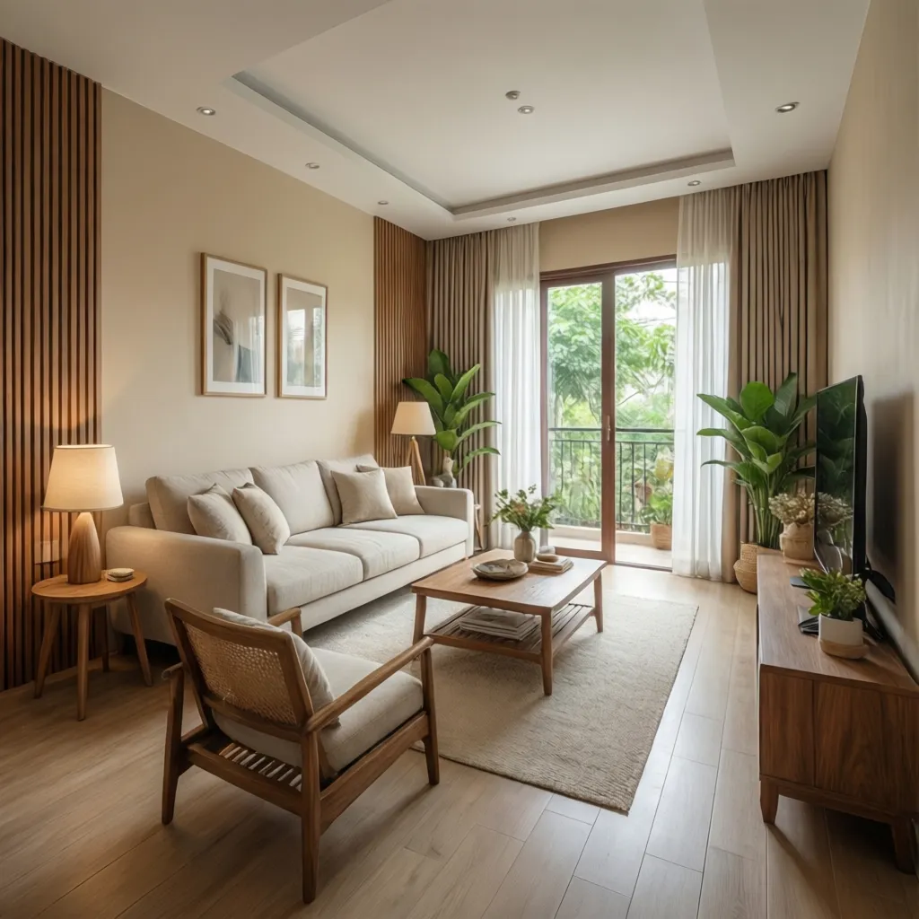 Warm living room with beige sofa wooden wall panel green plants balcony access and lamps