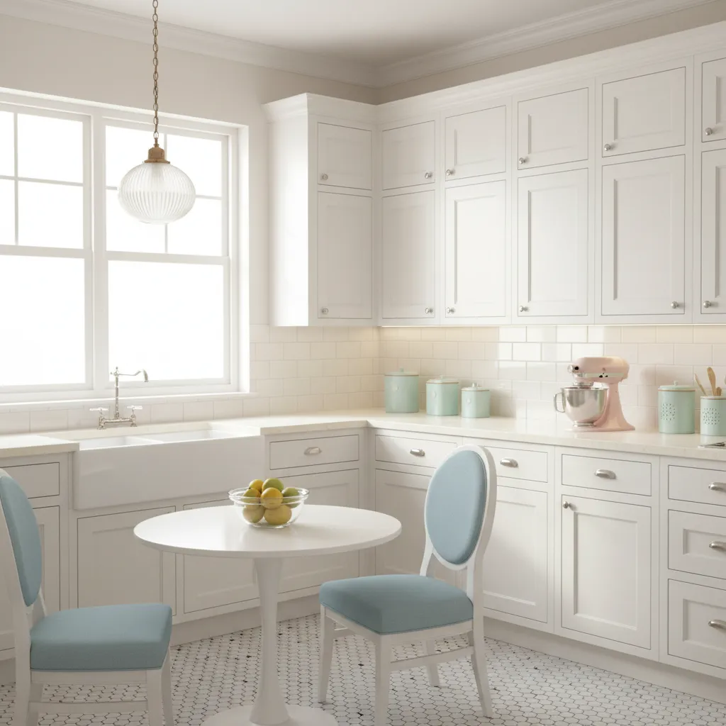 Light colored 1930s kitchen with reflective tiles expanding visual space